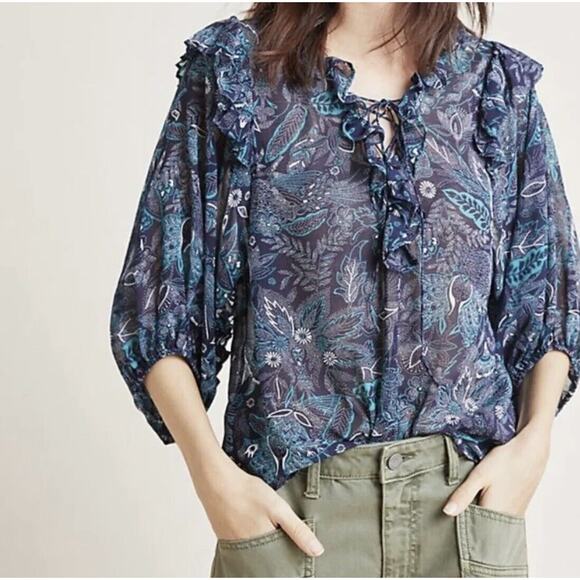 Anthropologie Tops - Anthropologie Haida Floral Peasant Blouse Navy Size M